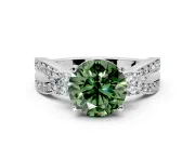 3 Stone Engagement Ring Setting for Fancy Green Round Cut Center with Pave Twist Band and Prong Head in Sterling Silver