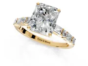 Baguette Engagement Ring Setting for Radiant Cut Center with Alternating Bar-Set Band and Prong Head in Yellow Gold