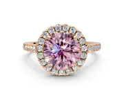 Halo Engagement Ring Setting for Fancy Pink Round Cut Center with Narrowing Pave Band and Prong Head in Rose Gold
