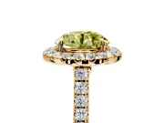 Halo Engagement Ring Setting for Fancy Yellow Round Cut Center with Narrowing Pave Band and Prong Head in Yellow Gold