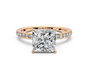 Solitaire Engagement Ring Setting for Princess Cut Center with Fine Pave Band and Prong Head in Rose Gold