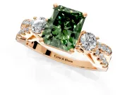 3 Stone Engagement Ring Setting for Fancy Green Radiant Cut Center with Pave Split Shank and Prong Head in Rose Gold