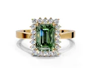 Starburst Halo Engagement Ring Setting for Fancy Green Emerald Cut Center with Flat Cathedral Band and Prong Head in Yellow Gold
