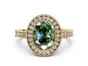 Halo Engagement Ring Setting for Fancy Green Oval Center with Milgrain Halo, Pave Band and Prong Head in Yellow Gold