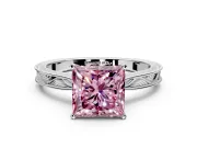 Solitaire Engagement Ring Setting for Fancy Pink Princess Cut Center with Engraved Milgrain Band and Prong Head in Platinum