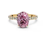 Hidden Halo Engagement Ring Setting for Fancy Pink Oval Center with Pave Band and Prong Head in Yellow Gold