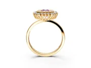 Halo Engagement Ring Setting for Fancy Pink Emerald Cut Center with Milgrain Bezel Rim, Plain Band and Prong Head in Yellow Gold