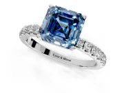 Open Basket Engagement Ring Setting for Fancy Blue Asscher Cut Center with Pave Band and Prong Head in Platinum