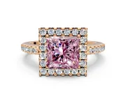 Pave Halo Engagement Ring Setting for Fancy Pink Princess Cut Center with Single Row Pave Band and Prong Head in Rose Gold