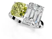 Fancy Yellow Cushion Cut and Emerald Cut Lab-Grown Diamond Toi et Moi Engagement Ring with Prong-Set Stones in White Gold
