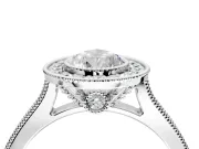 Halo Engagement Ring Setting for Pear-Shaped Center with Milgrain Pave Band and Bezel Head in Sterling Silver