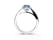 Halo Engagement Ring Setting for Fancy Blue Cushion Cut Center with Full Pave Band and Prong Head in White Gold