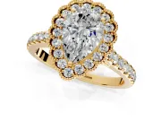 Milgrain Floral Halo Engagement Ring Setting for Pear-Shaped Center with Pave Band and Prong Head in Yellow Gold