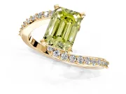 Solitaire Engagement Ring Setting for Fancy Yellow Emerald Cut Center with Pave Bypass Swirl Band and Prong Head in Yellow Gold