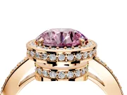 Halo Engagement Ring Setting for Fancy Pink Round Cut Center with Metal-Rimmed Halo, Pave Band and Prong Head in Rose Gold