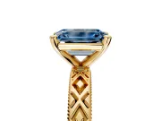 Solitaire Engagement Ring Setting for Fancy Blue Emerald Cut Center with Milgrain X Pattern Band and Prong Head in Yellow Gold