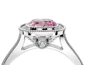 Halo Engagement Ring Setting for Fancy Pink Cushion Cut Center with Milgrain Pave Band and Bezel Head in White Gold