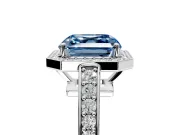 Bezel-Framed Halo Engagement Ring Setting for Fancy Blue Asscher Cut Center with Pave Band and Prong Head in Platinum