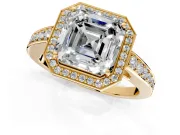 Bezel-Framed Halo Engagement Ring Setting for Asscher Cut Center with Pave Band and Prong Head in Yellow Gold