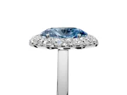 Halo Engagement Ring Setting for Fancy Blue Oval Center with Plain Tapered Band and Prong Head in Platinum