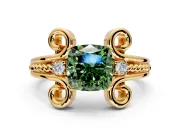 Solitaire Engagement Ring Setting for Fancy Green Cushion Cut Center with Twisted Band and Scroll Prong Head in Yellow Gold