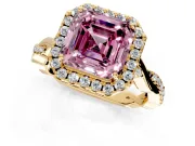Halo Engagement Ring Setting for Fancy Pink Asscher Cut Center with Twist Band and Prong Head in Yellow Gold