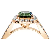 Halo Engagement Ring Setting for Fancy Green Emerald Cut Center with Raised Halo, Pave Band and Prong Head in Rose Gold