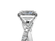 Crossover Engagement Ring Setting for Emerald Cut Center with Pave and Plain Strands and Prong Head in White Gold