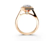 Halo Engagement Ring Setting for Princess Cut Center with Outer Bezel Rim, Pave Band and Prong Head in Rose Gold
