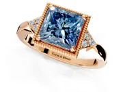 Cluster Engagement Ring Setting for Fancy Blue Princess Cut Center with Milgrain Shoulder Clusters and Prong Head in Rose Gold
