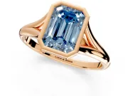 Solitaire Engagement Ring Setting for Fancy Blue Emerald Cut Center with V Split Shank and Bezel Head in Rose Gold