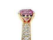 Solitaire Engagement Ring Setting for Fancy Pink Cushion Cut Center with Domed Multi-Row Pave Band and Prong Head in Yellow Gold