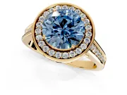 Halo Engagement Ring Setting for Fancy Blue Round Cut Center with Outer Bezel Rim, Pave Band and Prong Head in Yellow Gold