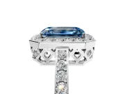 Halo Engagement Ring Setting for Fancy Blue Emerald Cut Center with Heart-Shaped Openwork, Pave Band and Prong Head in Sterling Silver