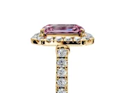 Halo Engagement Ring Setting for Fancy Pink Emerald Cut Center with Narrowing Pave Band and Prong Head in Yellow Gold