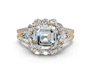 Halo Engagement Ring Setting for Asscher Cut Center with Two-Strand Split Shank and Prong Head in Yellow Gold