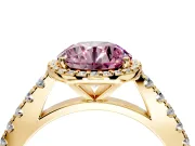 Halo Engagement Ring Setting for Fancy Pink Round Cut Center with Full Pave Band and Prong Head in Yellow Gold