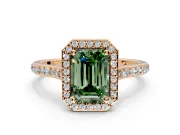 Halo Engagement Ring Setting for Fancy Green Emerald Cut Center with Pave Accents, Heart Basket and Prong Head in Rose Gold