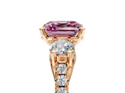 3 Stone Engagement Ring Setting for Fancy Pink Asscher Cut Center with Crossover Basket, Pave Band and Prong Head in Rose Gold