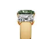 3 Stone Engagement Ring Setting for Fancy Green Radiant Cut Center with Raised Basket Heads and Prong Head in Yellow Gold