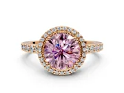 Halo Engagement Ring Setting for Fancy Pink Round Cut Center with Inner Milgrain Border and Prong Head in Rose Gold