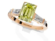 Bar-Set Engagement Ring Setting for Fancy Yellow Emerald Cut Center with Tapered Baguette Accents and Prong Head in Rose Gold