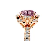 Halo Engagement Ring Setting for Fancy Pink Round Cut Center with Openwork Halo, Pave Band and Prong Head in Rose Gold