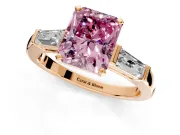 3 Stone Engagement Ring Setting for Fancy Pink Radiant Cut Center with Tapered Baguettes, Plain Band and Prong Head in Rose Gold