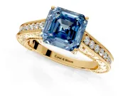 Solitaire Engagement Ring Setting for Fancy Blue Asscher Cut Center with Engraved Pave Band and Prong Head in Yellow Gold