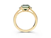 3 Stone Engagement Ring Setting for Fancy Green Asscher Cut Center with Low-Set Round Cut Accents and Prong Head in Yellow Gold