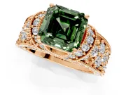 Pave Engagement Ring Setting for Fancy Green Asscher Cut Center with Curved Accent Rows, Openwork and Prong Head in Rose Gold