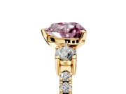 3 Stone Engagement Ring Setting for Fancy Pink Heart-Shaped Center with Round Cut Side Accents and Prong Head in Yellow Gold