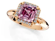 Halo Engagement Ring Setting for Fancy Pink Asscher Cut Center with Tapered Plain Band and Prong Head in Rose Gold