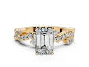 Solitaire Engagement Ring Setting for Emerald Cut Center with Bar-Station Pave Twist and Prong Head in Yellow Gold